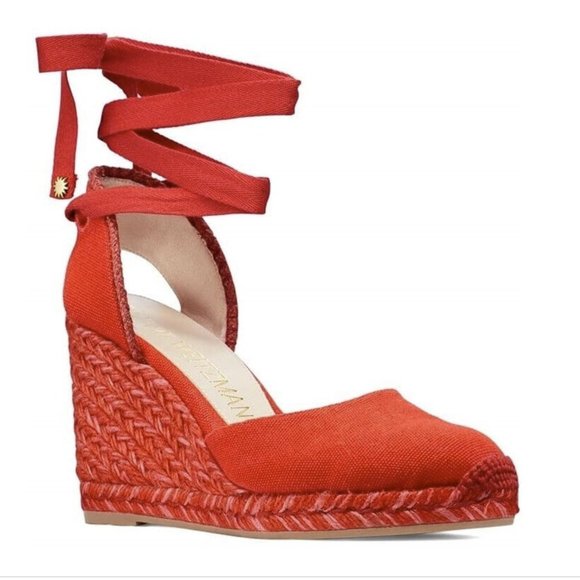 Stuart Weitzman Marguerita Canvas Wedge Sandal Red Size 6 pre-owned - Picture 9 of 9